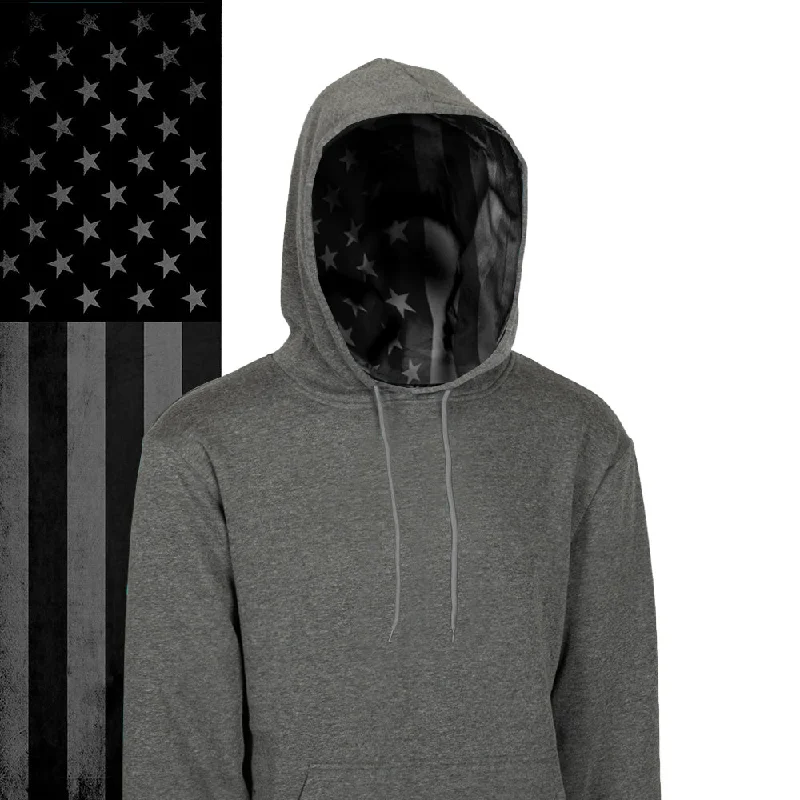 Men’s soft brushed sweatshirt-Classic Lined Hoodie | Blackout American Flag | Dark Heather Grey