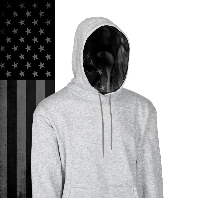 Men’s relaxed mesh hoodie-Classic Lined Hoodie | Blackout American Flag | Light Heather Grey