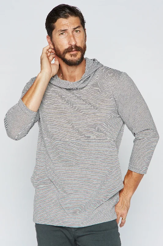 Men’s stylish mesh hoodie-Men's 3/4 Sleeve Cowl Neck Visor Hoodie - Grey & White Stripe