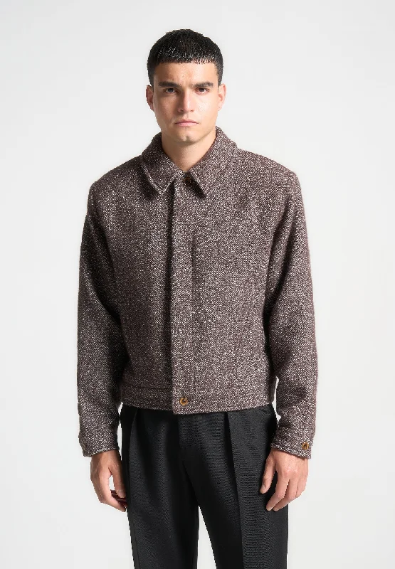 Men’s bold trucker jacket-Boxy Herringbone Wool Blend Jacket - Brown