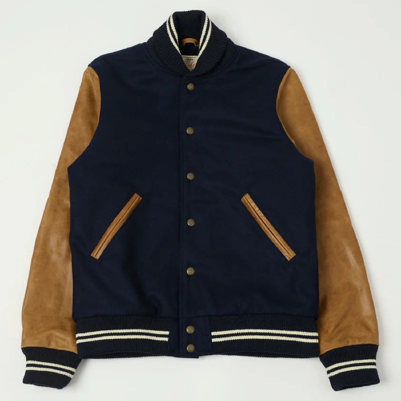 Men’s breathable corduroy jacket-Dehen 1920 Varsity Jacket - Dark Navy/Antique Rust