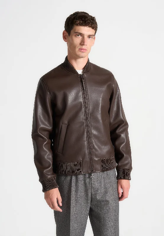 Men’s trendy harrington jacket-Leather Bomber Jacket - Brown