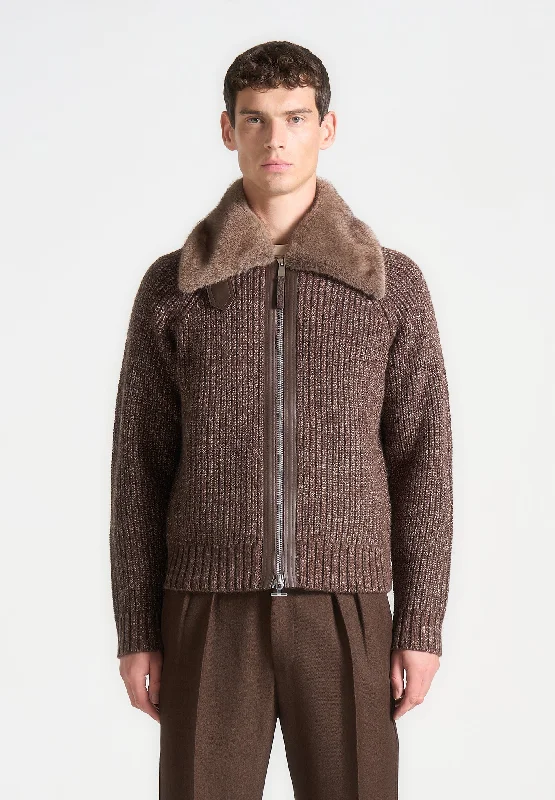 Men’s relaxed field jacket-Plush Collar Wool Knit Jacket - Brown