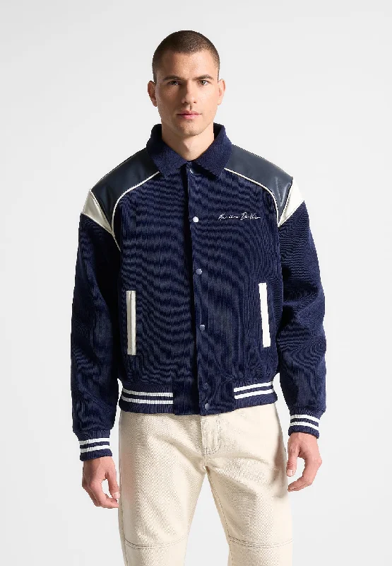 Men’s bold down jacket-Raglan Corduroy Eiffel Varsity Jacket - Navy