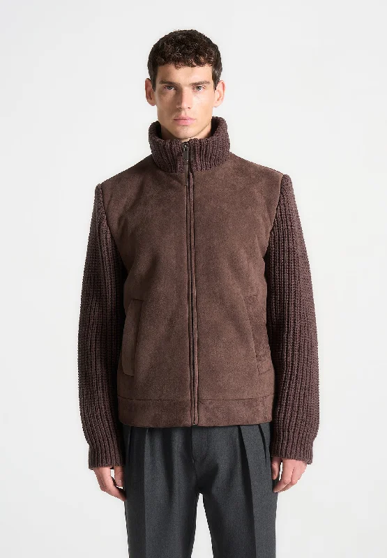 Men’s trendy waxed coat-Suede & Knit Jacket - Brown