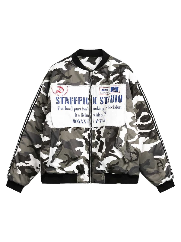 Men’s bold varsity jacket-Thesupermade Camouflage Patch Bomber Jacket