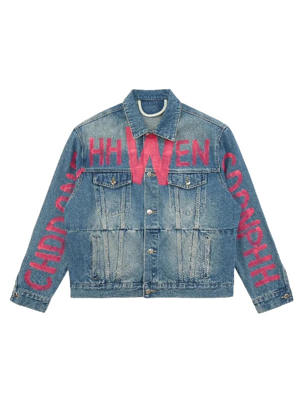 Men’s breathable waxed jacket-Thesupermade High Street Graffiti Lettered Distressed Washed Denim Jacket