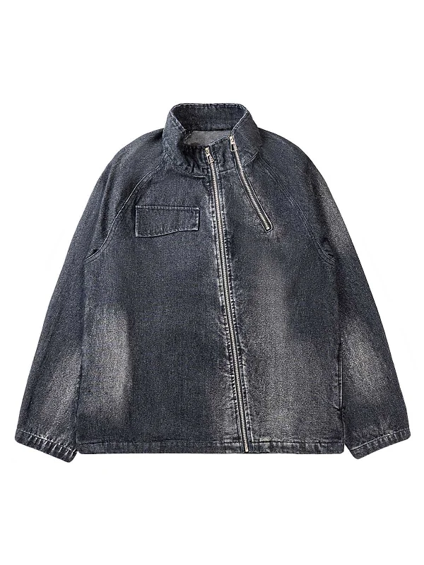 Men’s casual harrington coat-Thesupermade Washed Distressed Denim Jacket