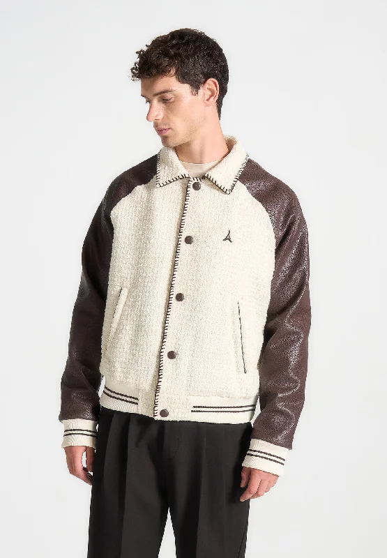 Men’s slim peacoat jacket-Tweed & Leather Varsity Jacket - Cream/Brown