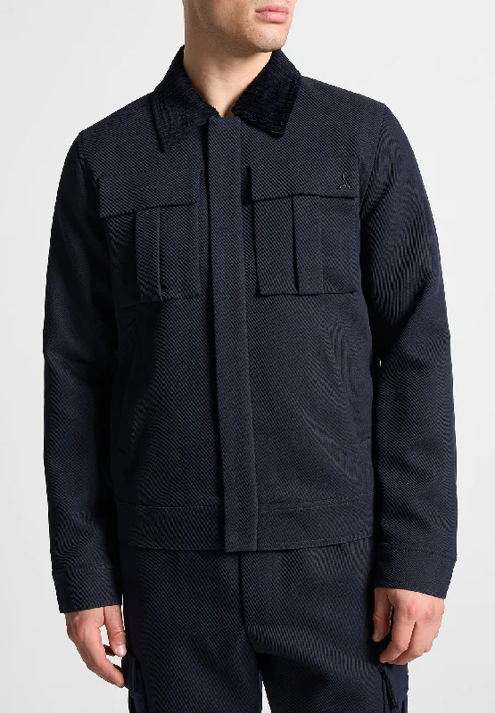 Men’s modern chore jacket-Twill Trucker Jacket with Velvet Collar - Navy