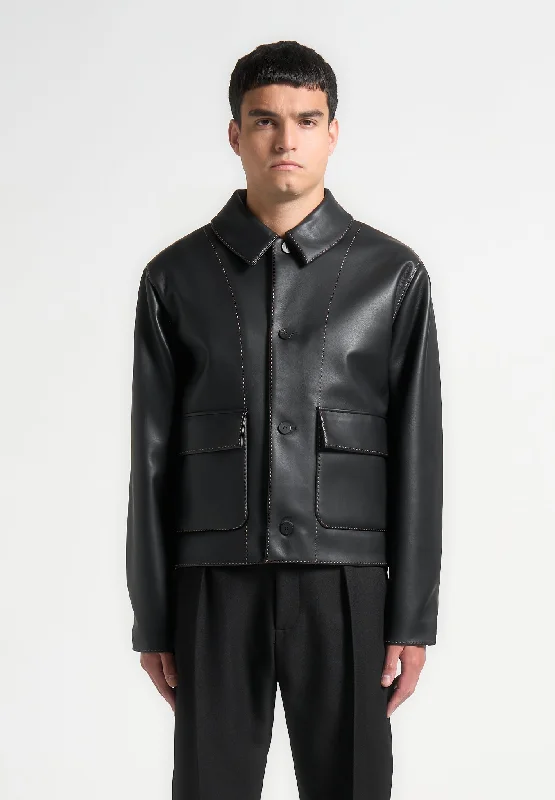 Men’s casual trucker coat-Leather Contrast Stitch Jacket - Black