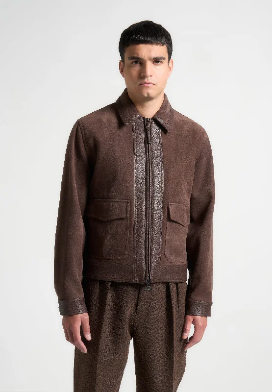 Men’s modern sherpa jacket-Suede & Pebbled Leather Jacket - Brown