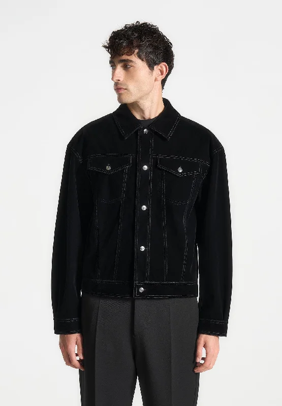 Men’s stylish field jacket-Velvet Contrast Stitch Trucker Jacket - Black