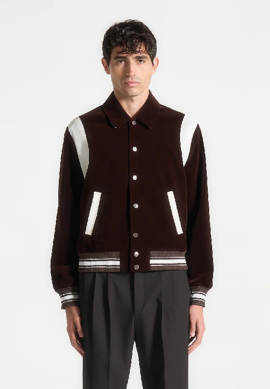 Men’s relaxed harrington jacket-Velvet & Satin Varsity Jacket - Brown