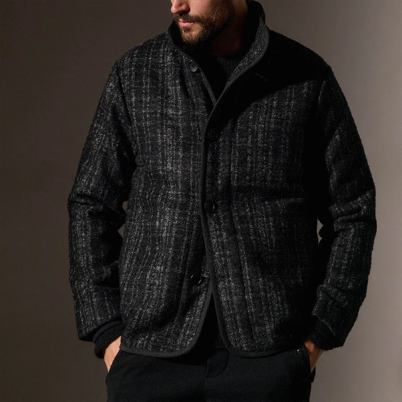 Men’s slim-fit waxed jacket-Wool Blend Plaid Car Coat - Black/Grey Plaid