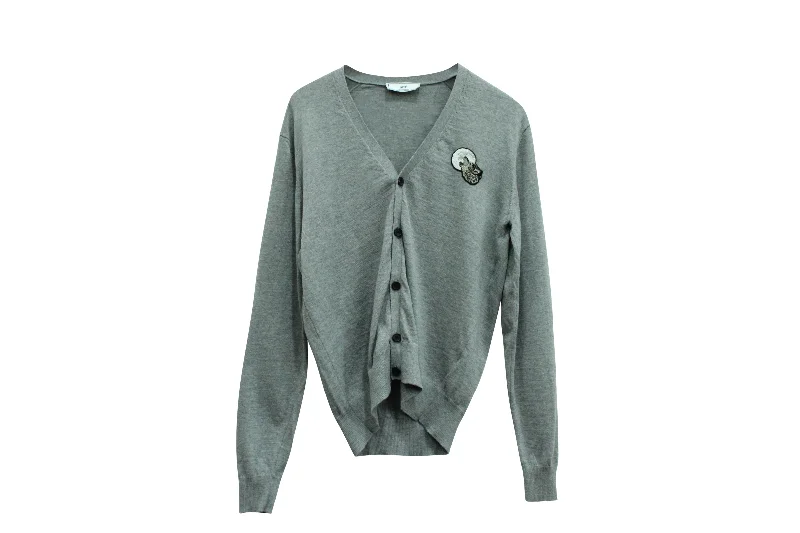 Men’s durable fisherman sweater-Ami Paris Wolf Patch Cardigan in Grey Wool