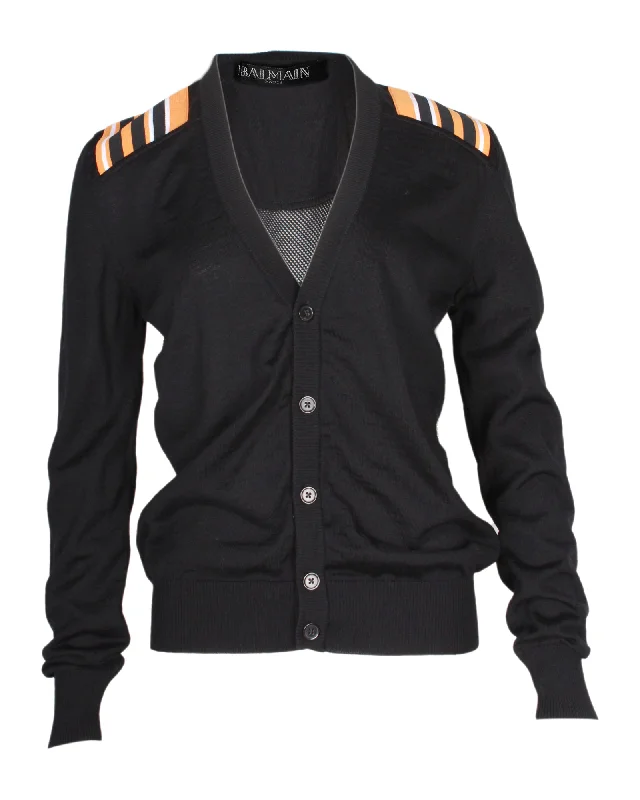 Men’s comfy fisherman pullover-Balmain Stripe Detail Cardigan in Black Wool