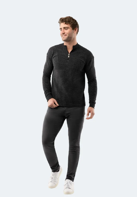 Men’s slim aran sweater-Black Waffle Stripe Quarter Zip