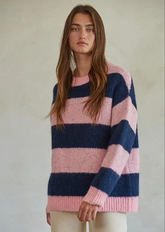 Men’s soft alpaca pullover-Blushbell Pullover Sweater - Pink & Navy