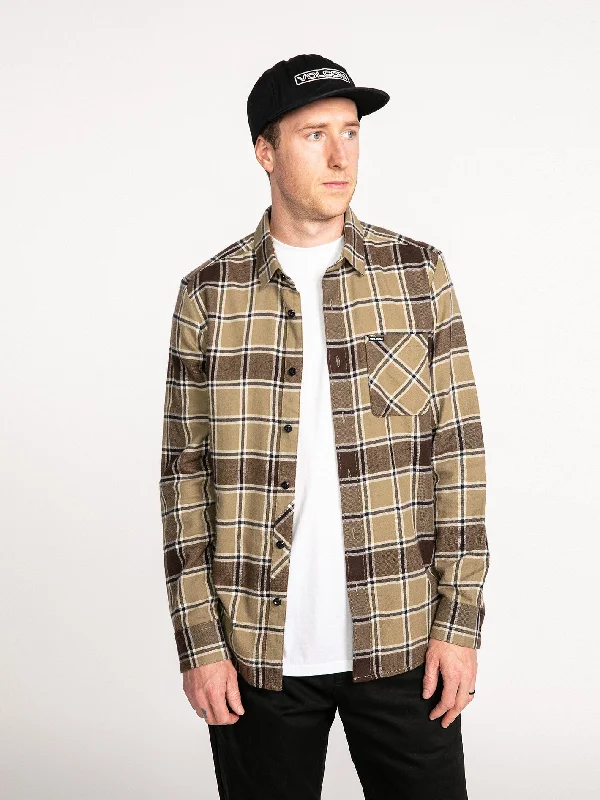 Men’s relaxed solid tee-Caden Plaid Long Sleeve Flannel - Khaki