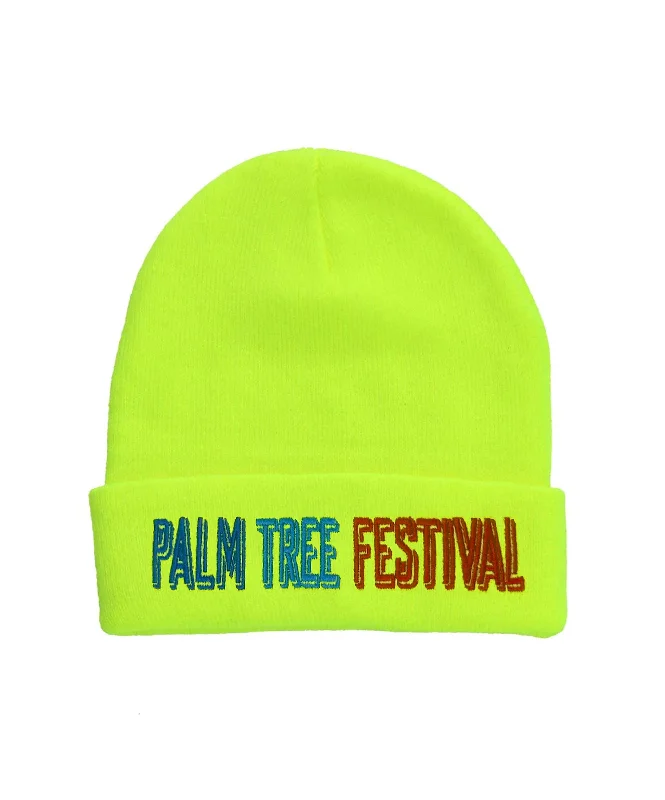 Men’s bold washed top-PALM TREE FESTIVAL ASPEN 2023 BEANIE - NEON YELLOW