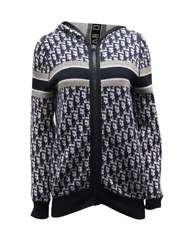 Men’s slim aran sweater-Dior Oblique Motif Hooded Cardigan in Blue Cotton