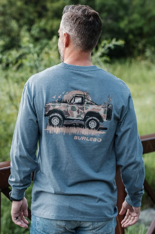 Men’s comfy tropical tee-Loaded Down Bronco - LS - Heather Blue Jean