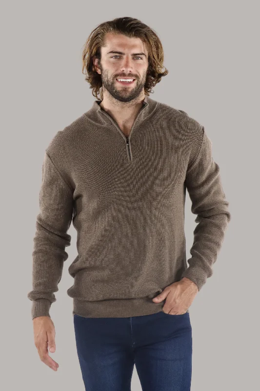 Men’s relaxed aran sweater-Melange Mink Quarter Zip