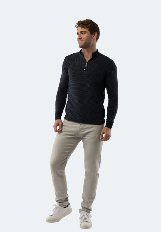 Men’s durable mohair sweater-Navy Waffle Stripe Quarter Zip