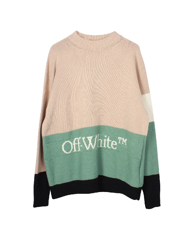 Men’s durable fisherman sweater-Off-White Intarsia Logo Colorblock Sweater in Multicolor Wool