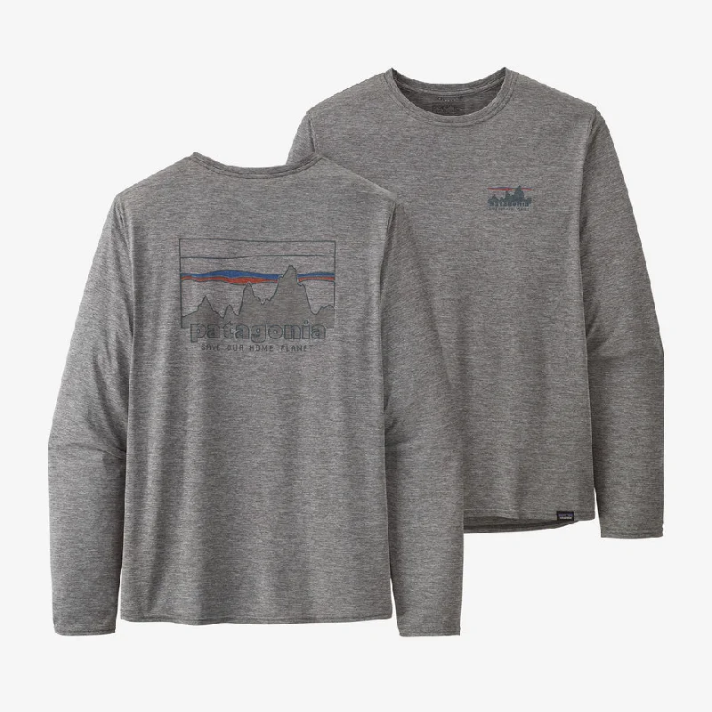 Men’s breathable performance tee-Patagonia Cap Cool Daily Graphic L/S Shirt-73 Skyline: Feather Grey