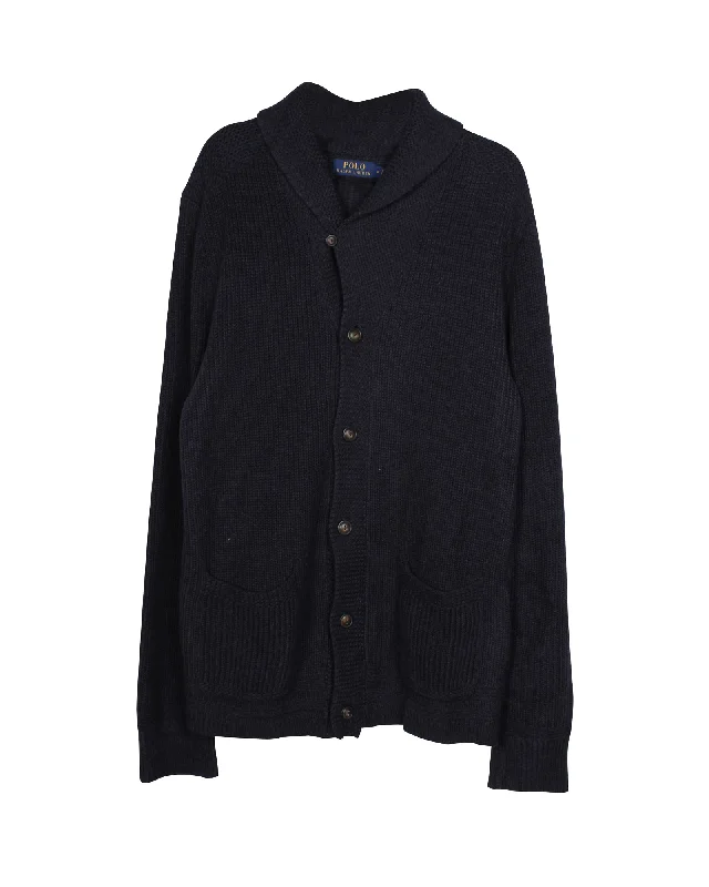 Men’s relaxed roll-neck pullover-Polo Ralph Lauren Long-sleeve Shawl Collar Rib-Knit Cardigan in Navy Blue Cotton