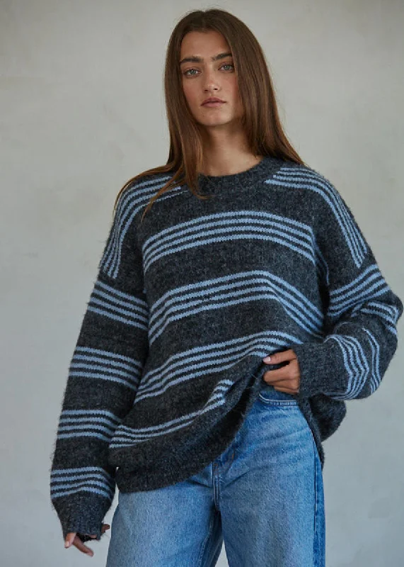 Men’s bold aran sweater-Raleigh Striped Pullover - Charcoal & Blue