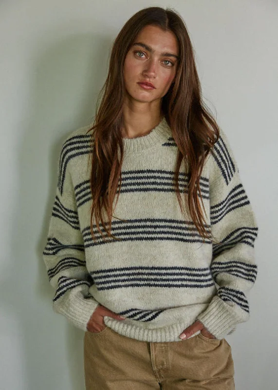 Men’s trendy mohair sweater-Raleigh Striped Pullover - Cream & Grey