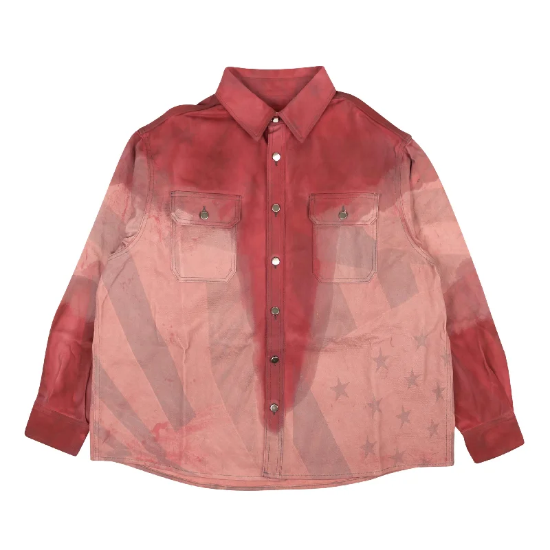 Men’s bright poplin shirt-424 On Fairfax All Over Print Flag Denim Shirt - Red/Gray