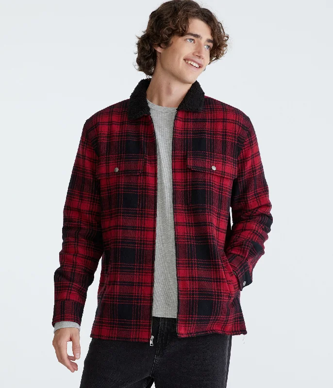 Men’s casual gingham button-up-Aeropostale Plaid Sherpa-Lined Full-Zip Flannel Shacket