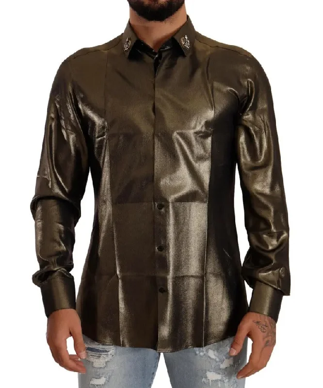 Men’s modern denim shirt-Dolce & Gabbana Metallic  DG Embroide Crown Silk Top Men's Shirt (Pre-Owned)