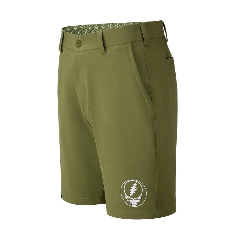 Men’s stylish drawstring pants-Grateful Dead| Elevated Hybrid Shorts | White Stealie in Olive Green