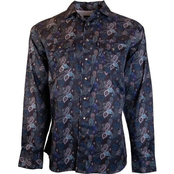 Men’s trendy herringbone shirt-Hooey Men's Sol Paisley L/S Western Snap Shirt in Black