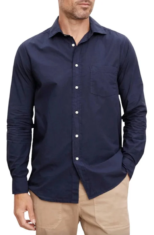 Men’s durable seersucker shirt-Long Sleeved Brooks Shirt In Navy Blue