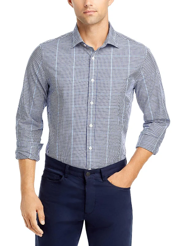 Men’s casual seersucker shirt-Mens Checkered Long Sleeve Button-Down Shirt