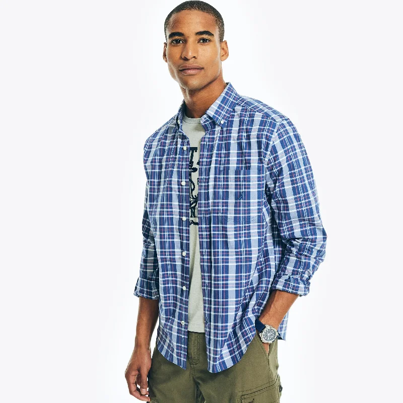 Men’s modern gingham shirt-Nautica Mens Plaid Poplin Shirt