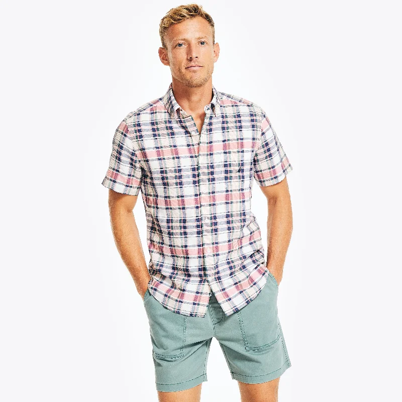 Men’s bright seersucker shirt-Nautica Mens Sustainably Crafted Plaid Short-Sleeve Shirt