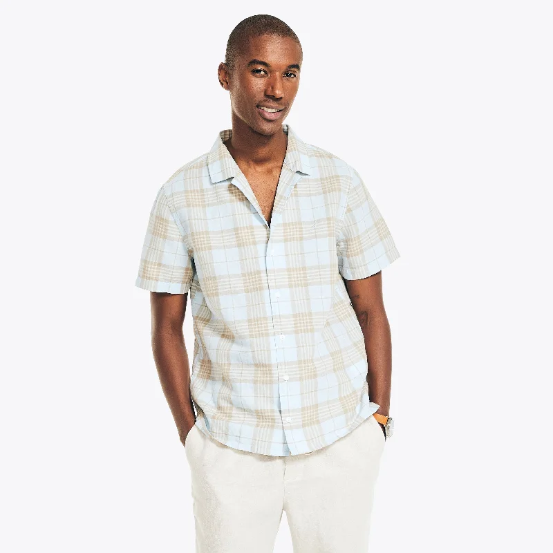 Men’s casual denim shirt-Nautica Mens Sustainably Crafted Plaid Short-Sleeve Shirt