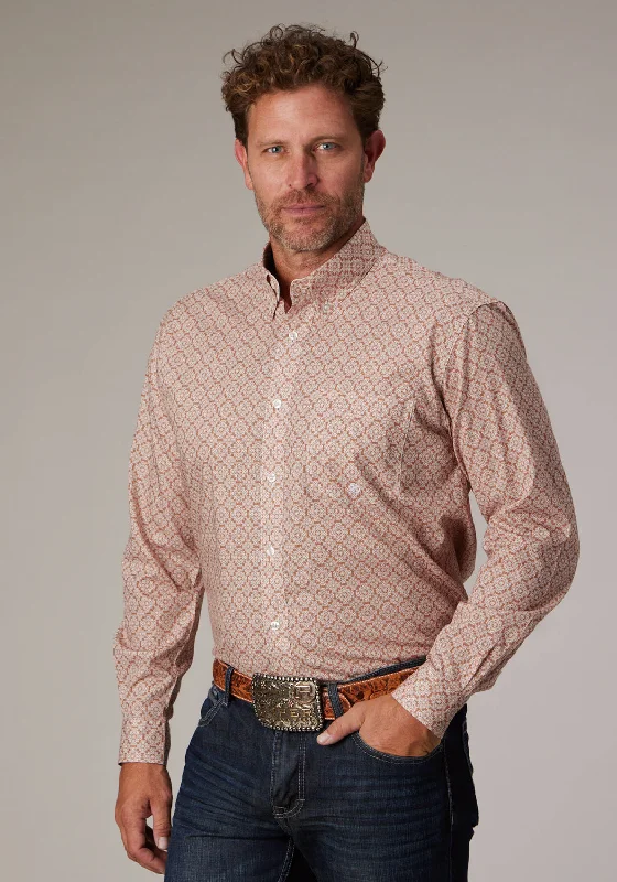 Men’s lightweight twill shirt-Roper Mens 2020 Medallion Clay 100% Cotton 1 Pkt L/S Shirt