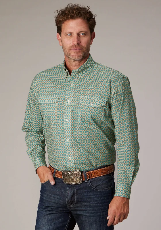 Men’s lightweight herringbone shirt-Roper Mens 2021 Sedona Foulard Blue 100% Cotton Button L/S Shirt