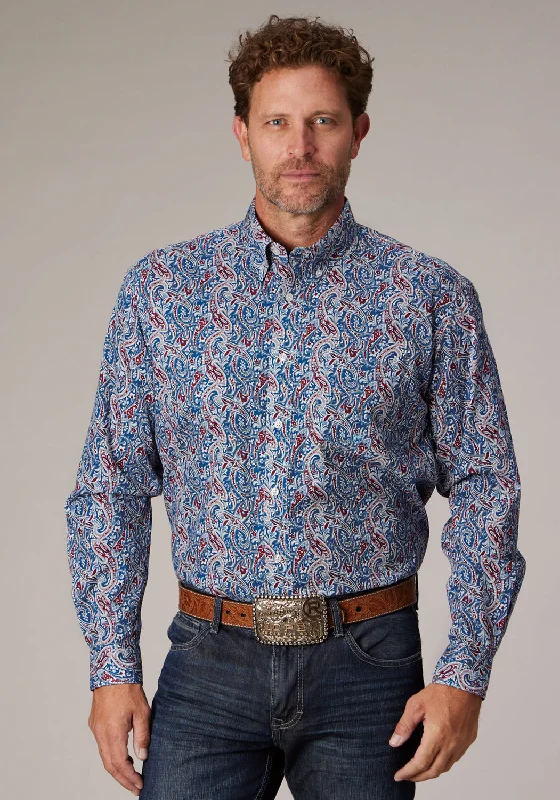 Men’s modern seersucker shirt-Roper Mens 2024 River Paisley Blue 100% Cotton 1 Pkt L/S Shirt