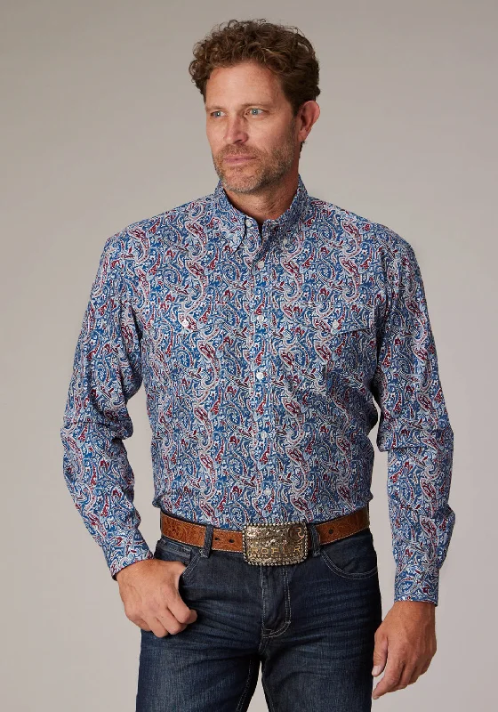 Men’s soft flannel shirt-Roper Mens 2024 River Paisley Blue 100% Cotton Button L/S Shirt