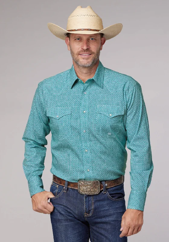 Men’s comfy corduroy button-up-Roper Mens 2025 Stretch Neat Teal Cotton Blend L/S Shirt