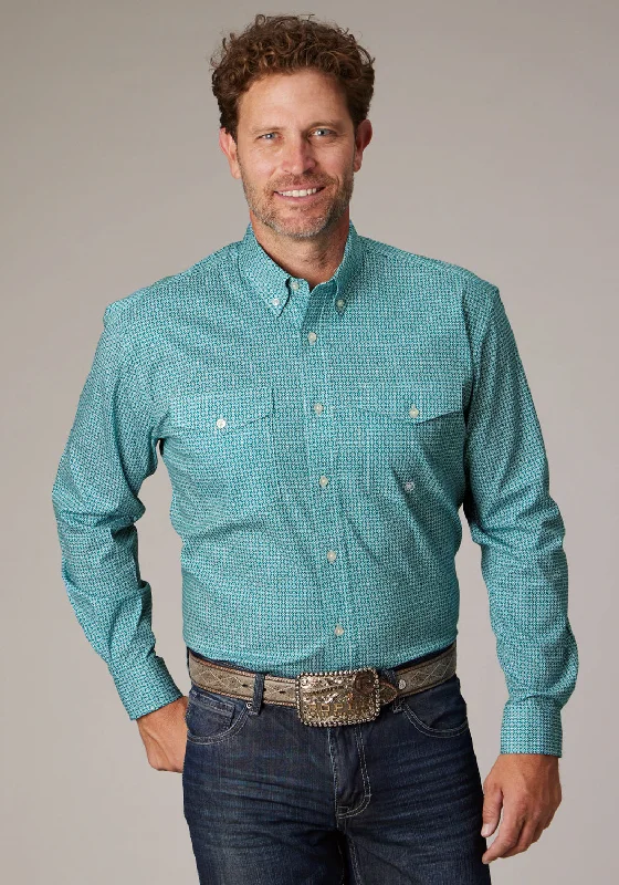 Men’s bold denim shirt-Roper Mens 2025 Stretch Neat Teal Cotton Blend L/S Shirt